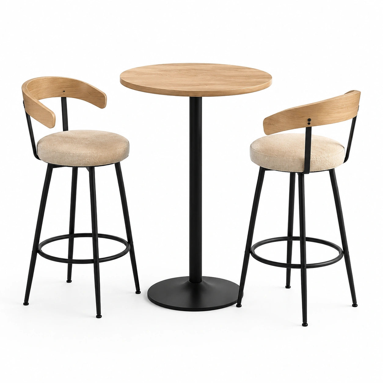Runder Bartisch-Set aus Holz und Metall mit Stoffbezug