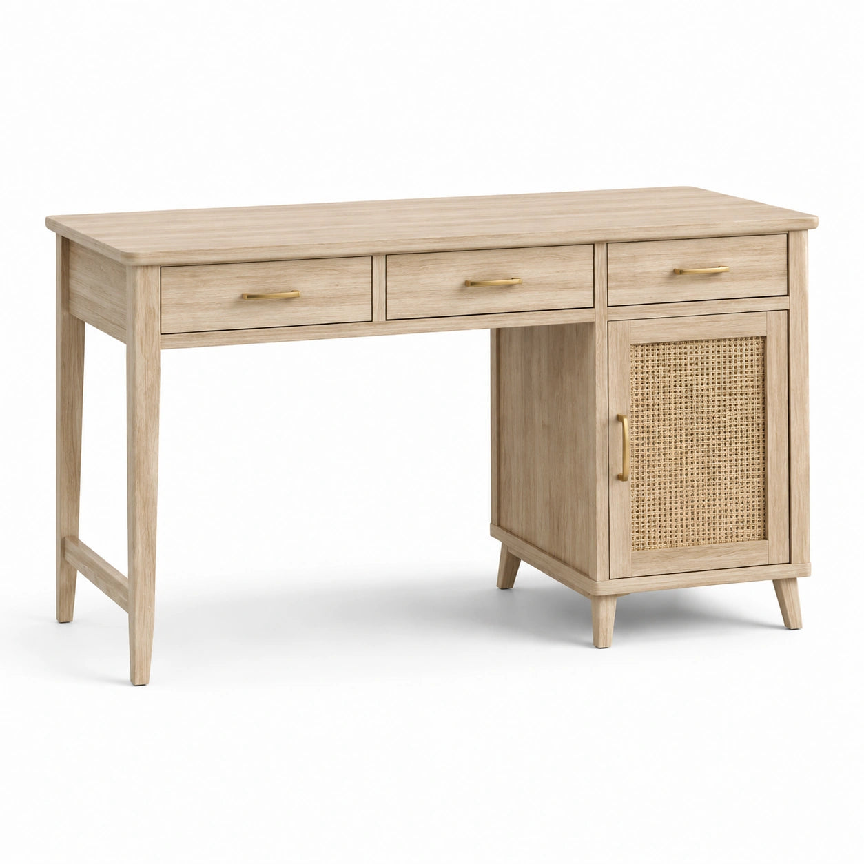 Schreibtisch aus Eichenholz mit 3 Schubladen und Geflecht-Tür, Beige