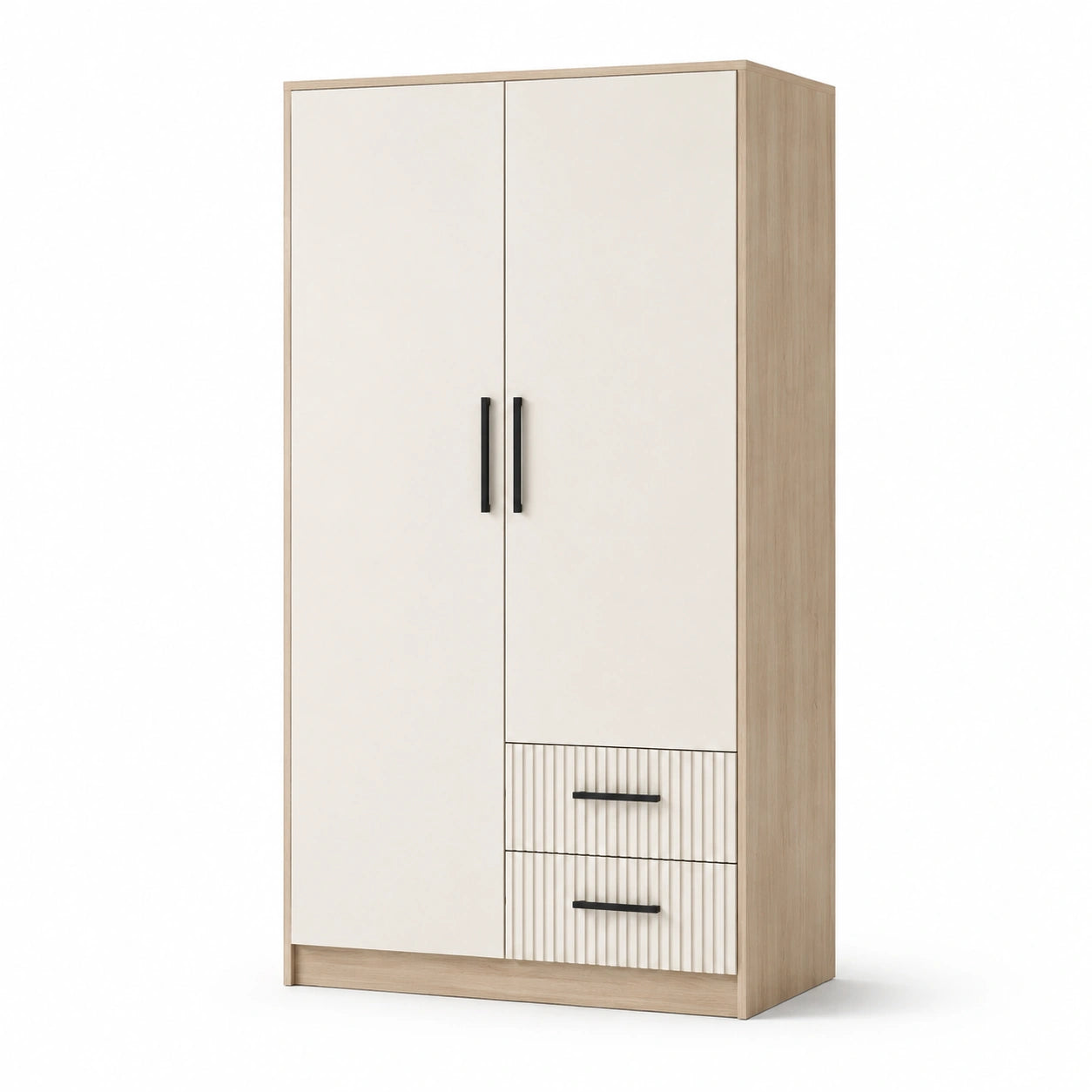 2-türiger Kleiderschrank mit 2 Schubladen aus MDF mit Melaminbeschichtung in Weiß/Natur