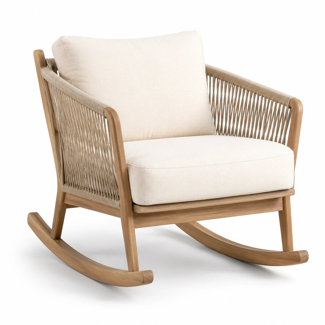 Teakholz Schaukelstuhl mit Polyester und Polypropylen Rückenlehne Beige